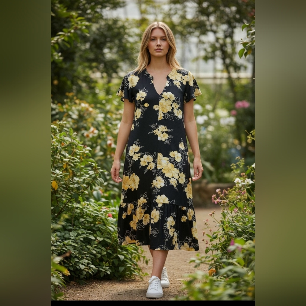 Black Floral Midi Dress with Yellow Bloom Print